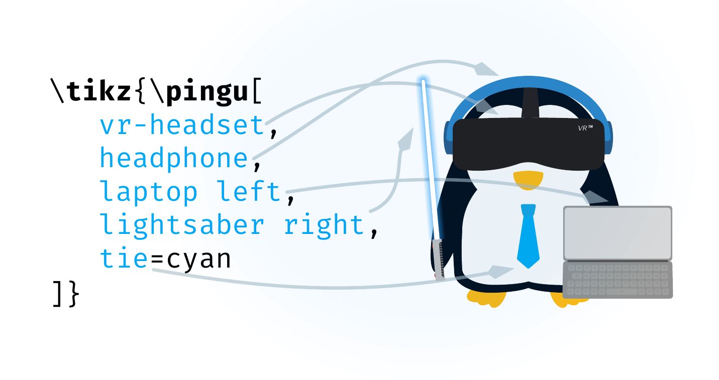 A technical penguin with lightsaber, laptop, vr headset, and headphones.